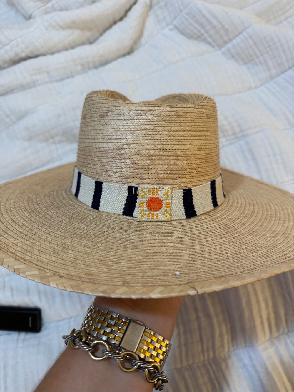 Women’s Natural Straw Wide-Brim Hat with Black Stripe Band - Picture 4 of 7